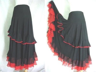 鴨米衣舖紅邊紗黑色佛朗明哥舞裙層次裙襬奶絲裙腰圍25-30吋