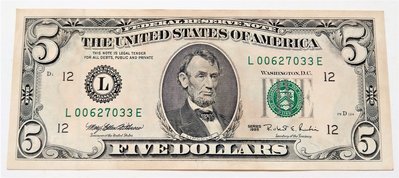 1995年 舊版早期 小頭 美國 5元 Five Dollars 美金紙鈔 無4帶33