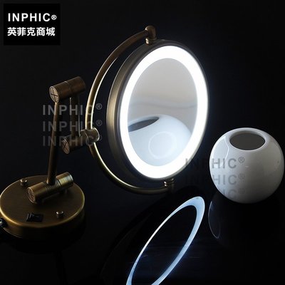 INPHIC-仿古浴室化妝鏡壁掛美容鏡帶led燈雙面折疊伸縮鏡廁所放大鏡子_S1360C