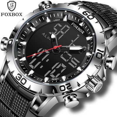 FOXBOX運動男士手錶頂級品牌豪華雙顯示石英手錶男士軍用防水時鐘數字電子手錶