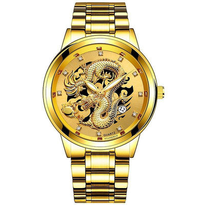 新款男士霸氣鋼帶龍表黃金色浮雕鑲鑽夜光日曆石英錶非機械錶-