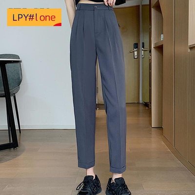 黑色冷風高級休閒高腰寬鬆直筒褲女【LPY#lone】