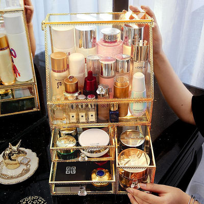 網紅玻璃化妝品收納盒刷桶整理桌面口紅護膚面膜梳妝台防塵置物架