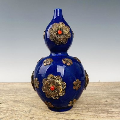 古瓷器 古董瓷器 定瓷鑲金寶石花瓶高26.5公分直徑15公分編號200600300-23867