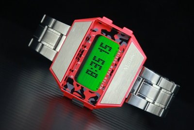 復刻日本80年代熱銷G-shock錶款之大螢幕防水50M多功能電子錶不鏽鋼錶帶-桃紅