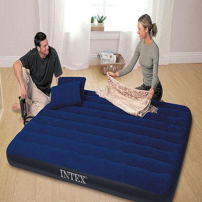 美國INTEX64758 深藍色植毛雙人線拉空氣床 植絨充氣床墊
