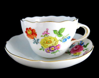 德國麥森Meissen 手繪五彩花咖啡杯盤組C