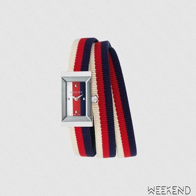 【WEEKEND】 GUCCI G-Frame 尼龍 多圈 手環 藍+白+紅色 手錶 483481