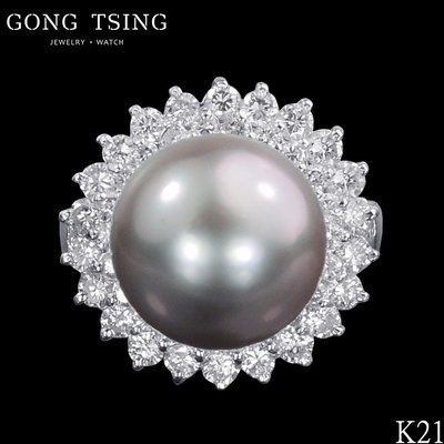 【公信精品】天然珍珠鑽戒 12.4MM 白K金珍珠鑽石女戒指