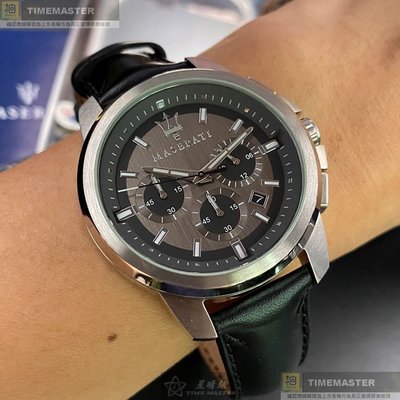 MASERATI手錶,編號R8871621006,44mm銀圓形精鋼錶殼,槍灰色三眼錶面,深黑色真皮皮革錶帶款