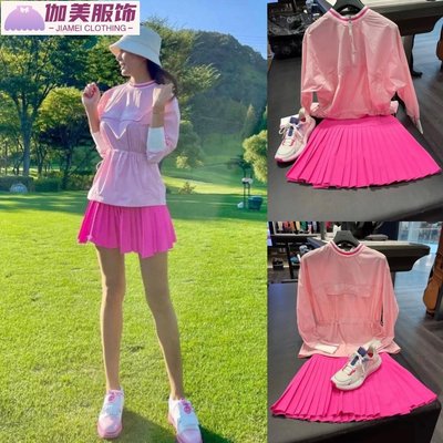 精品高爾夫高爾夫球衣女韓國 韓版女裝 韓國原單G4高爾夫服裝女士套裝新款時尚風衣減齡百褶短裙-伽美服飾