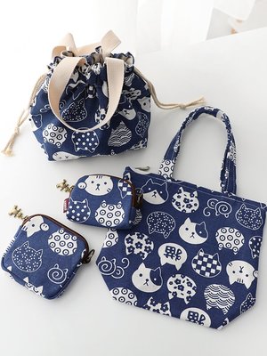 歐韓小鋪 日系藍印花貓 系列集美 單肩手拎包女帆布手提零錢包