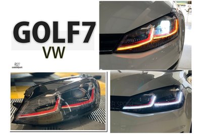 小傑車燈精品--全新 VW 福斯 GOLF7 7代 類7.5代 跑馬方向燈 雙功能 跑馬方向燈 雙L紅線條魚眼大燈 頭燈