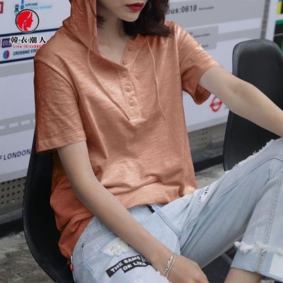 連帽T恤 夏季短袖竹節棉連帽T恤女裝韓國寬鬆女半袖v領純棉帽衫上衣打底衫
