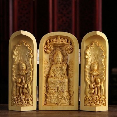 和風美物 佛教用品 三開盒佛龕 自在觀音 法像莊嚴 木雕擺件 黃楊木（GA-5170）