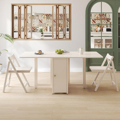 餐桌奶油風實木折疊餐桌椅組合家用小戶型長方桌出租房可移動巖板飯桌