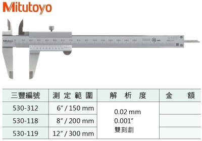 日本三豐Mitutoyo 游標卡尺 530-118 測定範圍:8"/200mm 解析度:0.02mm
