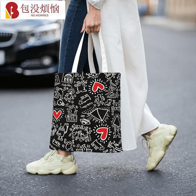 【熱賣精選】Keith Haring 女士購物袋學生手提包韓國藝術簡約帆佈單肩學費包