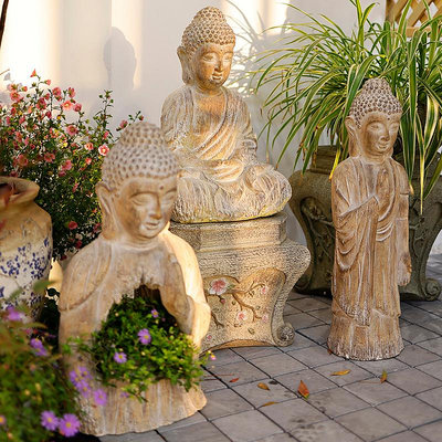 木雕庭院佛像花盆創意戶外中式仿木雕禪意花園陽臺裝飾擺件造景布置