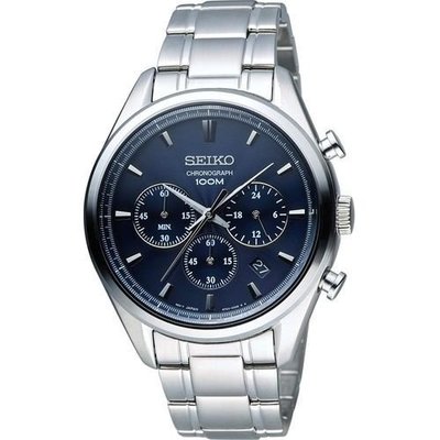 【金台鐘錶】SEIKO精工三眼計時表 藍面 SSB223P1 鋼帶錶
