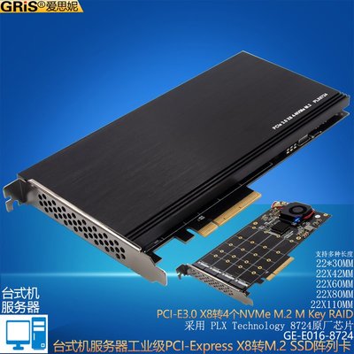 E X8轉4個NVME M.2插槽轉接卡電腦SSD固態硬盤盒PLX8724擴充NGFF桌機伺服器磁碟RAID啟動軟陣列卡