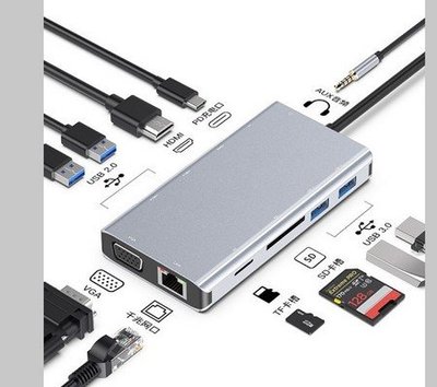 品名: 11合一 Hub轉接器 轉USB3.0｜USB C｜HDMI｜VGA｜RJ45 網路線｜SD｜TF多功能集線器(