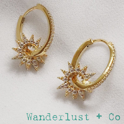 Wanderlust+Co 澳洲品牌 鑲鑽太陽耳環 鑲鑽圓形耳環 金色 Sunlit Hoop
