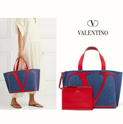 Valentino  ►皮質大V LOGO 帆布包（ 丹寧藍色×紅色)    大托特包 手提包 肩背包 中性款｜100%全新正品