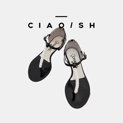 CIAO/SH 名牌精品店 CHANEL香奈儿千鳥格紋夾腳珍珠款涼鞋平底鞋