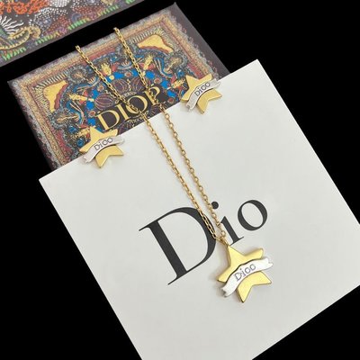 現貨DIOR迪奧 2021年新款復古拼色項鏈女 黃銅做舊字母星星耳釘耳飾潮明星同款熱銷