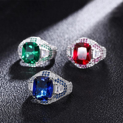 現貨莊生生珠寶歐美氣質女式戒指仿真紅寶藍寶祖母綠方形戒指主10*12珠寶首飾