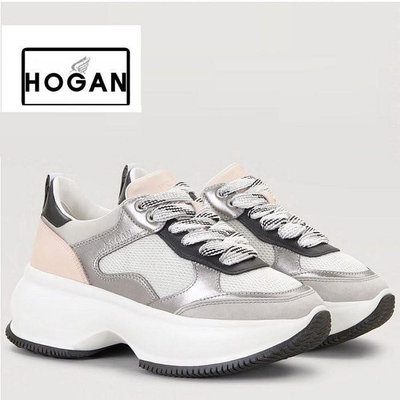 二手 HOGAN H435 Maxi I Active 20春夏 銀灰 黑尾粉色白色網眼 厚底老爹鞋 正品