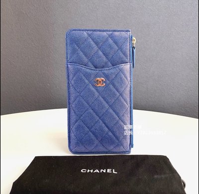 二手正品 CHANEL 藍色 菱格 雙CC 5卡 拉鍊 手機包 卡包 證件夾 AP1422