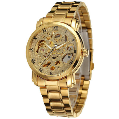 現貨男士手錶腕錶勝利者 Winner男士金色鏤空全透機械鋼帶羅馬字自動機械腕錶