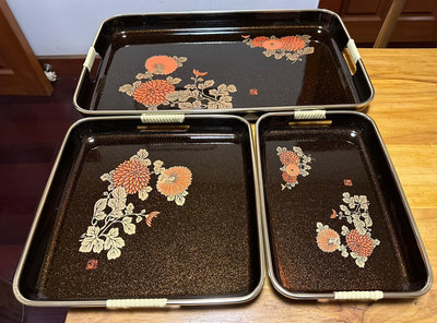 日本中古回流樹脂金離地印花工藝 金屬包邊三件套 餐盤 茶托盤