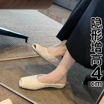 香港手工編織魚嘴平底拖鞋女2024夏季新款方頭后空外穿真皮涼拖女-萬物起源