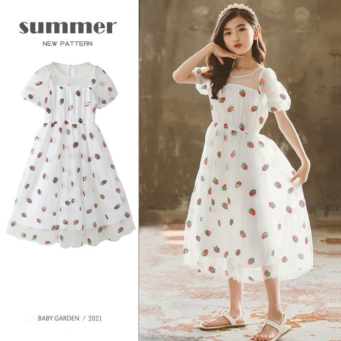 【TF5602】✿寶貝花園✿ 2021夏季新品 女童 中大童 草莓短袖網紗裙 公主裙 連衣裙 洋裝