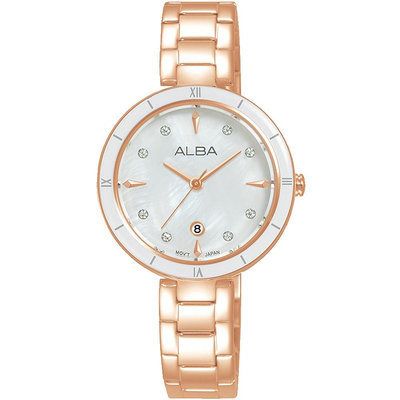 「官方授權」ALBA 雅柏 時尚珍珠貝晶鑽女腕錶-玫瑰金x白/30mm (AH7AW6X1)