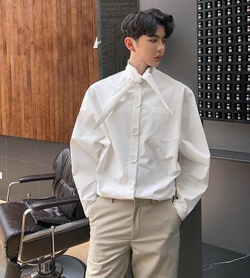 《TINO HOMME》2019春夏新款日韓版英倫風走秀款加長領多穿法OVERSIZE領結寬鬆襯衫