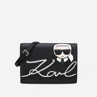 美國百分百【全新真品】Karl Lagerfeld 包包 老佛爺 卡爾包 銀鍊包 女包 側背包 logo 黑色 AB74