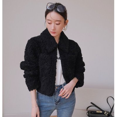 100%羊毛 復古短大衣 簡約俐落羊剪絨 羊羔毛 羊毛外套 黑色 韓系 正韓風格 SISTERXOXO KOREA