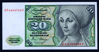 德國 1980年版 20馬克(畫家丟勒作品 圖爾肖像)  9.5成左右品相！ 紙幣 紀念鈔 紙鈔【悠然居】653