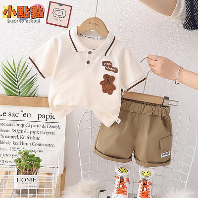 【小點點】兒童男嬰印花 Polo T 恤短褲夏季兒童郊遊衣服 2 件套嬰兒兒童幼兒運動服 05 歲