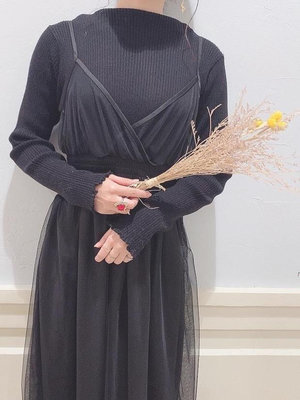 日本majestic legon 黑色細肩帶吊帶針織2件式雪紡紗洋裝紗裙