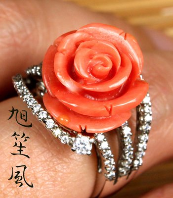 【旭笙風 】天然深海momo紅珊瑚玫瑰典雅設計戒指．結緣第一標