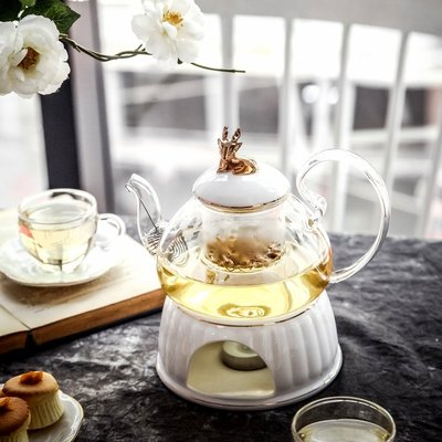 英式下午茶茶具杯碟歐式花茶具金麋鹿套裝陶瓷玻璃煮水果蠟燭茶壺現貨 正品 促銷