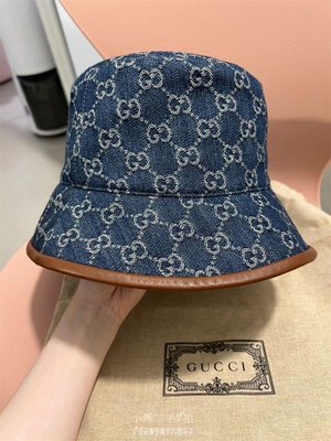 小甄二手Gucci 古馳 單寧牛仔 漁夫帽 雙G 滿版印花 藍色 休閑  帽子 新款