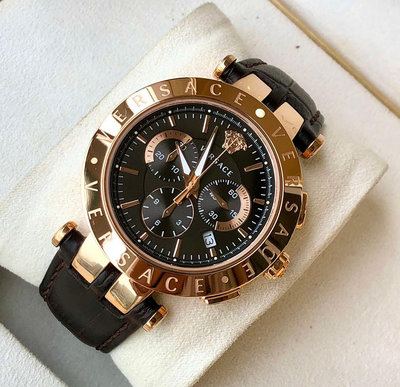 VERSACE V-Race 玫瑰金色框 咖啡色錶盤 棕色皮革錶帶 石英 三眼計時 男士手錶 VERQ00320