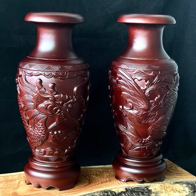 花梨木龍鳯花瓶一對 木雕花梨木花瓶 客廳裝飾擺件 -864