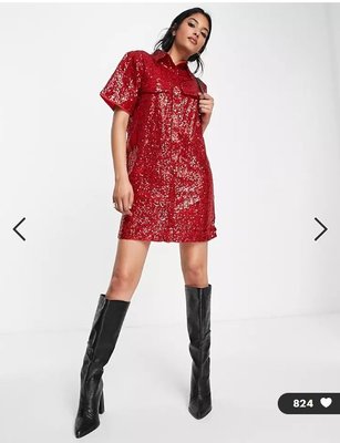 (嫻嫻屋) 英國ASOS-Extro & Vert優雅時尚名媛紅色亮片襯衫領短袖洋裝禮服PJ22
